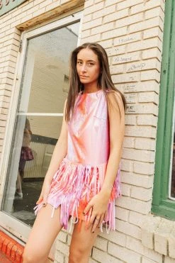 Queen Of Sparkles Red/Purple Leather Long Fringe Skirt WHAT'S NEW