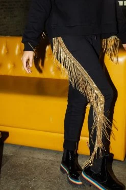 French For I Love Black/Gold Sequin Fringe Joggers Pants