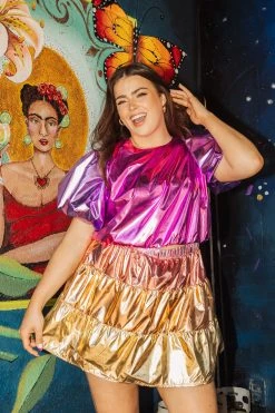 Queen Of Sparkles Pink/Purple Metallic Puff Sleeve Crop Spring 2022