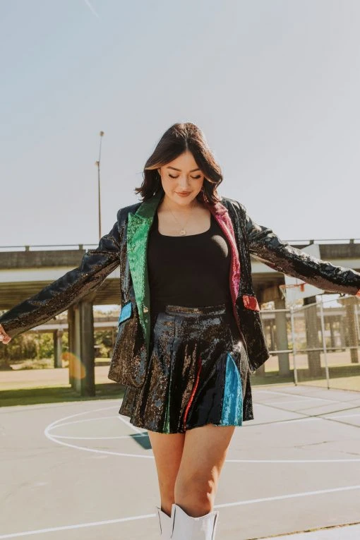 Queen Of Sparkles Holiday Black Sequin Colorblock Lapel Blazer