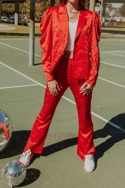 Queen Of Sparkles Red Poof Sleeve Rhinestone Blazer