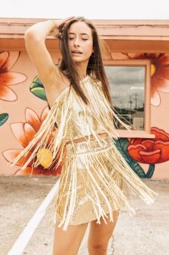 Queen Of Sparkles Gold Fringe One Shoulder Top Spring 2022