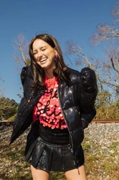 Queen Of Sparkles Black Sequin Poof Puffer Jacket