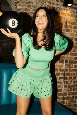 Queen Of Sparkles WHAT'S NEW Mint Cotton Rhinestone Smocked Top