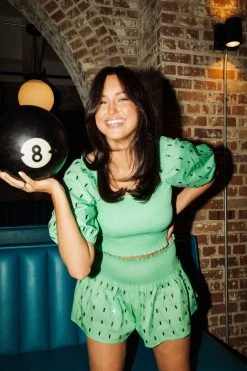 Queen Of Sparkles Mint Cotton Rhinestone Swing Shorts