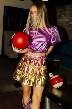 Queen Of Sparkles Pink/Purple Metallic Puff Sleeve Crop Spring 2022